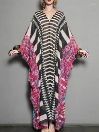 Bikini Cover-up Long Kaftan Dresses For Women Print Striped Batwing Sleeve Loungewear Pareos Beach Cover Up Robe Beachwear