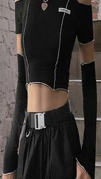 Goth Dark Egirl Style Patchwork Black Tshirts Gothic Open Shoulder Sleeve Y2k Crop Tops Ruffles Hem Hip Hop Techwear Women Tee 2207607742