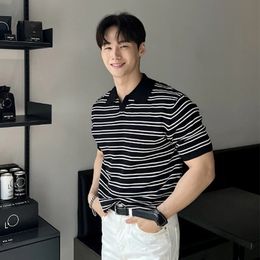 Summer Mens Clothing Light Luxury Knit Polo Shirt Korean Striped Short Sleeve Retro Breathable Fashion Leisure V Neck Knitwear 240509