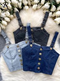 Women's Tanks SINGREINY American Vintage Mini Denim Tops Ladies Spaghetti Strap Sleeveless Bodycon Button Sweet Elastic Fashion Tank Top