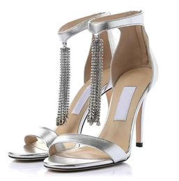 2024 Lady dress sandal high heels designer shoes luxury brands Viola 100mm Crystal-embellished Metallic Leather Sandals In Silver black with boxes