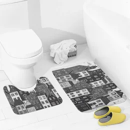 Bath Mats Bathroom Rugs Sets 2 Piece Cartoon House Pattern Absorbent U-Shaped Contour Toilet Rug
