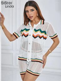 Women's Tracksuits Sisterlinda Casual Knit Women 2 Piece Set Summer Stripe Panelled Single Breasted Lapel Tops Matching Shorts Girls Daily