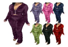 Women039s Tracksuits 2021 Autumn Velvet Stacked Set Zipper Hoodies Ruched Pants Sport Tracksuit Two Piece Outfit Active Sweatsu6094344