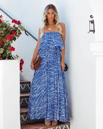 Casual Dresses Blue Beach Chest Wrapping Slit Floral Print Boho Long Dress Ruffles Slash Neck Sexy Party Vestidos Robe Femme