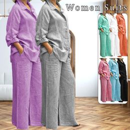 Women's Two Piece Pants Plus Size Cotton Linen 2Pcs Set Women Autumn Long Sleeve Shirt Trousers Fashion Solid Straight Suits Outfits