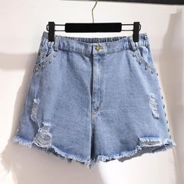 Women's Shorts 2024 Summer Denim Women Korean Fashion Ripped Holes High Waist Short Jeans Female Casual Street Wide Leg Pants