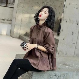 Women's Blouses Western-Style Shirt Coat Spring Autumn Korean High-Necked Loose Doll Tops Pleated Lantern Sleeve Fluffy Blous Ladies