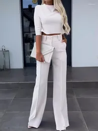 Women's Two Piece Pants 2024 Summer Crop Top With Flare Set Women Solid Colour Turtleneck T Shirt Suit Office Fashion Casual