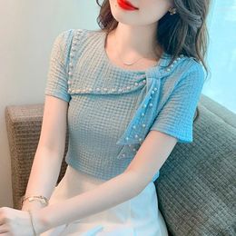 Women's Blouses Causal Summer Ladies Tops 2024 Korean Fashion Clothing Short Sleeve Blusas Mujer Slim Beading Bow Y2k Blue White Women