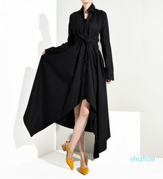 EAM Women Black Bandage Asymmetrical Shirt Dress New Turndown Collar Long Sleeve Loose Fit Fashion Spring Autumn1092884