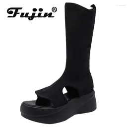 Boots Fujin 6cm Cloth Streth Fabric Wedge Platform Casual Sneakers Ankle Knee High Booties Summer Fashion Peep Toe Women Slip On Shoes