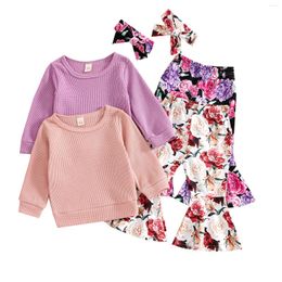 Clothing Sets 1-5Years Toddler Baby Girl 3Pcs Pants Suits Solid Colour Long-sleeved Waffle Tops Floral Bell Bottom Headband