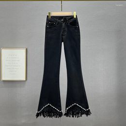 Women's Jeans Beaded Denim Bell-Bottom Pants Women's Trousers 2024 Spring Stretchy Trouser Girls High Waist Fringed Burr Black Jean