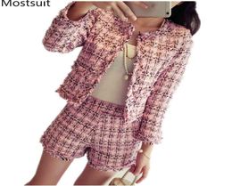 Autumn Winter Tweed 2 Piece Set Women Slim Plaid Jacket Coat Tassels Shorts Suits Fashion Fringed Trim Ladies Women039 s 21059553301