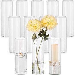 Vases 12 pieces of glass cylindrical hurricane candle holder used pillar or floating candles for Centre circular high transparent vase J240515