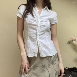 Women's Blouses Women Short Sleeve Turn Down Collar Button Shirts 2024 Fashion Lady Blouse Vintage Harajuku Korean Summer Casual Crop Tops