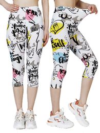 CUHAKCI Summer White Yellow Letter Printing Cropped Pants Soft Stretchy Casual Capri Sports Yoga Women Clothes Fiess Leggings L240520
