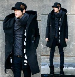 Winter Mens Wool Pea Coat With Hood Double Breasted Long Wool Trench Coats Men Overcoat Grey Black Plus Size M3XL2542676