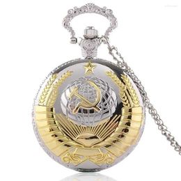 Pocket Watches Vintage USSR Soviet Badges Sickle Hammer Watch Necklace Bronze Pendant Chain Quartz Clock Fashion Emblem Women Men Gift