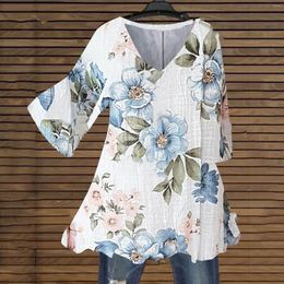 Women's T Shirts Summer Flower Print Chiffon Tunic Blouse Retro Boho V Neck Half Sleeve 2024 Plus Size Holiday Beach Loose T-Shirts Tops