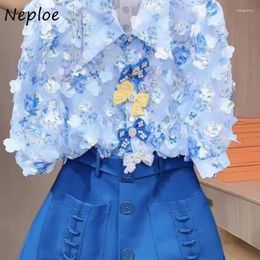 Women's Tracksuits Neploe Elegant Vintage Lapel Neck 3D Bow Flower Shirts Women Y2k High Waist Wide Leg Shorts 2024 Summer Two Piece Sets