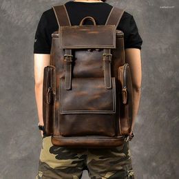 Backpack Vintage Crazy Horse Genuine Leather Men Bagpack Climbing Rucksack Male Large Hiking M814