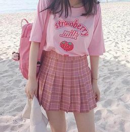 Sweet Strawberry Milk Cute Cartoon Graphic Pink Girls Summer T shirt Streetwear Casual Top Japan Fun Kawaii Vintage Women tee3837904