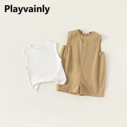 Clothing Sets Summer Baby Unisex 2-piece Set Solid Color Thin Vest Coffee Round Collar Sleeveless Loose Jumpsuit Children Clothes E7198B