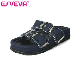 Dress Shoes ESVEVA 2024 Sandals Buckles Med Heel Platforms Summer Woman Round Toe Blue Casual Slippers Size 34-39