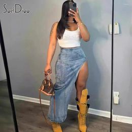 Skirts Soefdioo Fashion Stretch Blue Denim For Women Hipster High Waisted Split Irregular Maxi Skirt 2024 Y2K Trashy Streetwear