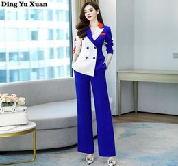 Blue White Patchwork Business Suits Ladies 2 Two Piece Set Pants and Blazer Suite for Women Elegant Office Woman Pants Suits9159029