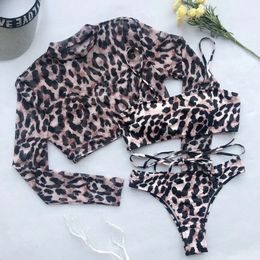 Long Sleeve 3 Piece Swimsuit High Cut Leopard Cover Up Push Bikini Separate Sports Bandage Bathing Suit Thong Swimwear 240520