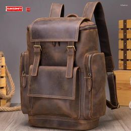 Backpack Genuine Leather Men Large Capacity 17-Inch Laptop Bag Backpackage Retro Outdoor Travel Backpacks Portable Shoulder Bags