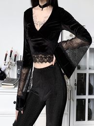 Goth Sexy Women Gothic Crop Top Flare Long Sleeve Lace Hollow Out Black Tshirt Retro Bodycon Female Vneck Elegant t3g Women037777527