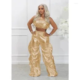 Women's Two Piece Pants WUHE Gold Sliver Metallic Birthday Women Peice Sets Club Party Crop Top And Streetwear Hip Hop Rave Festival Outfit