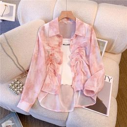 Women's Blouses Thin Sunscreen Shirt For Women Summer Loose Breathable Tie Dyed Top 2024 Chiffon Shirring Cardigan Office Lady