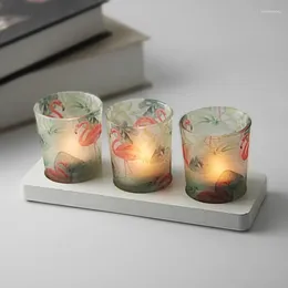Candle Holders Blue Printed Cup Modern Romantic Glass Holder 3 Piece Wooden Bottom M
