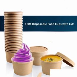 Disposable Take Out Containers Soup Kraft Paper With Lids Cups For Or Cold Food Drop Delivery Home Garden Kitchen, Dining Bar Kitchen Dhxnm