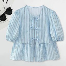 Women's Blouses Loose Fit Blouse Women Tie-knot Babydoll Top Striped Print Hem With Puff Sleeves Bow Tie Front For Streetwear
