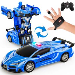 Sinovan Remote Control Car Toy Gesture Sensing with LED Light 2.4GHz One Button Transformation Robot RC car for Kids 240508