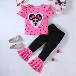 Clothing Sets Girls Summer New Valentines Day Girls Love Print Short sleeved T-shirt Coloured Flare Pants Long Pants Two piece Set Y240520OF0N