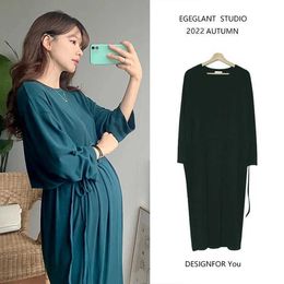 Maternity Dresses Korean style solid color maternity dress long sleeved brushed waist maternity dress plus size maternity black d240520