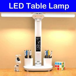 Lamps Shades Folding LED Touch Dimming Table Lamp Reading Eye Protection Double Head Desk Lamp With Time Date Bedside USB Charge Night Light Y240520SXCN