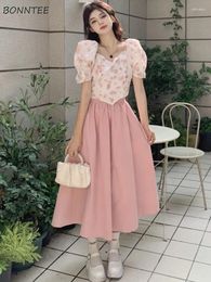 Work Dresses Two Pieces Sets Women Floral Tops A-line Skirts Sleeve Princess Chic Korean Style Summer College Temperament Fashion