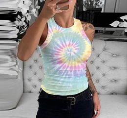 JAYCOSIN Streetwear Tight Tshirt Women 2020 New Sleeveless Tiedye Light Colour Printing Ladies T Shirt Cool Round Neck Tee Tops3213322