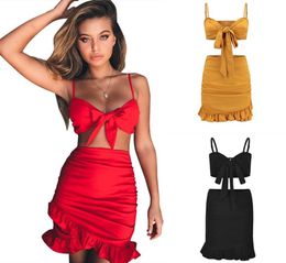 Two Pieces Set Women Ruffles Bow Casual Beach Summer Dress Red Off Shoulder Sexy Club Bodycon Mini Dress2540556