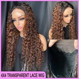Wholesale Brazilian Peruvian 24 Inch Natural 100% Virgin Remy Human Hair 1B/Brown Deep Wave 4x4 Transparent Lace Frontal Wig