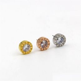 Stud New High Quality Single Round Drill Gold Earrings Rome Digital Titanium Fashion Women Love Earring Jewelry Wholesale Drop Deliver Othrj