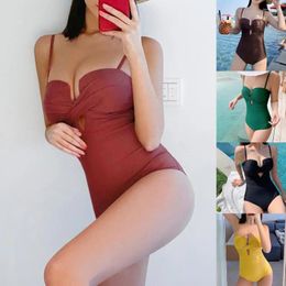 Women's Swimwear Korean Style One Piece Women Solid Color High Waist Skinny Breasts Gathered Bathing Suit For Beach Female